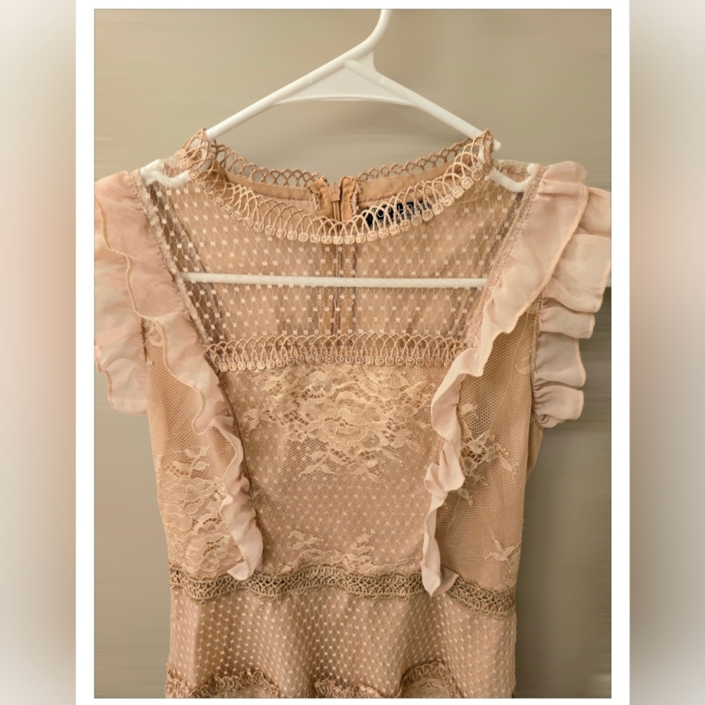 Nude Lace Tiered Ruffle Dress Romantic Cottagecore Style - Picture 3 of 7